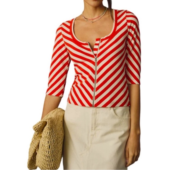 🆕 ANTHROPLOGIE'S MAEVE Red Orange Chevron Striped Front-Zip Scoopneck Top XS - Picture 1 of 14